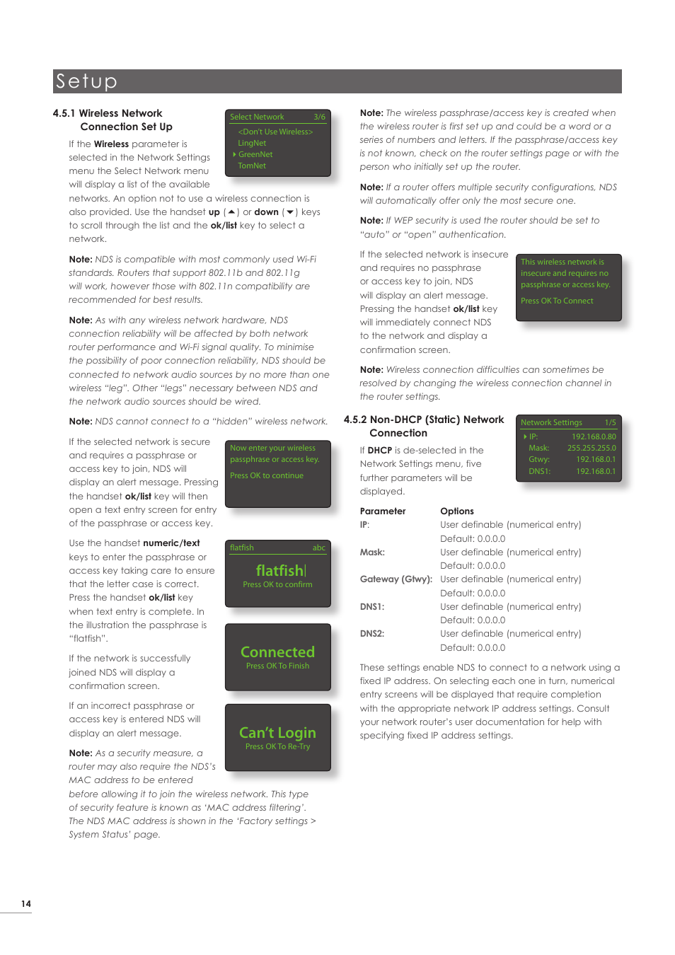 Setup, Flatfish, Connected | Can’t login | Naim Audio NDS User Manual | Page 16 / 23
