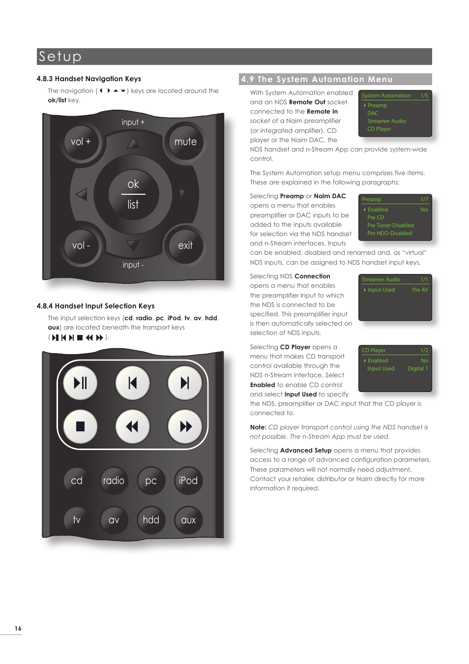 9 the system automation menu, Setup, Ok list | Disp | Naim Audio NDS User Manual | Page 18 / 23