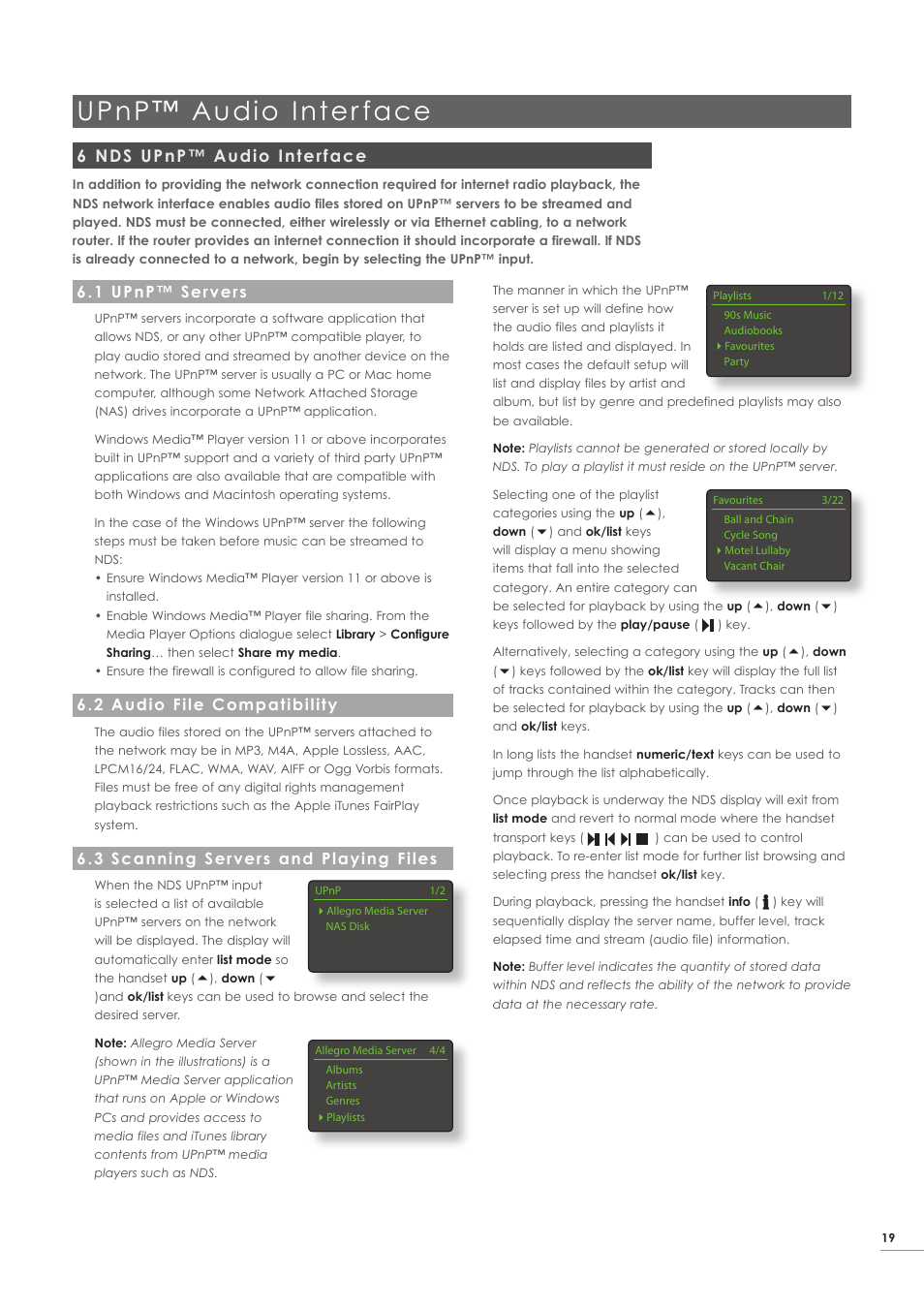 6 nds upnp™ audio interface, 1 upnp™ servers, 2 audio file compatibility | 3 scanning servers and playing files, Upnp™ audio inter face | Naim Audio NDS User Manual | Page 21 / 23