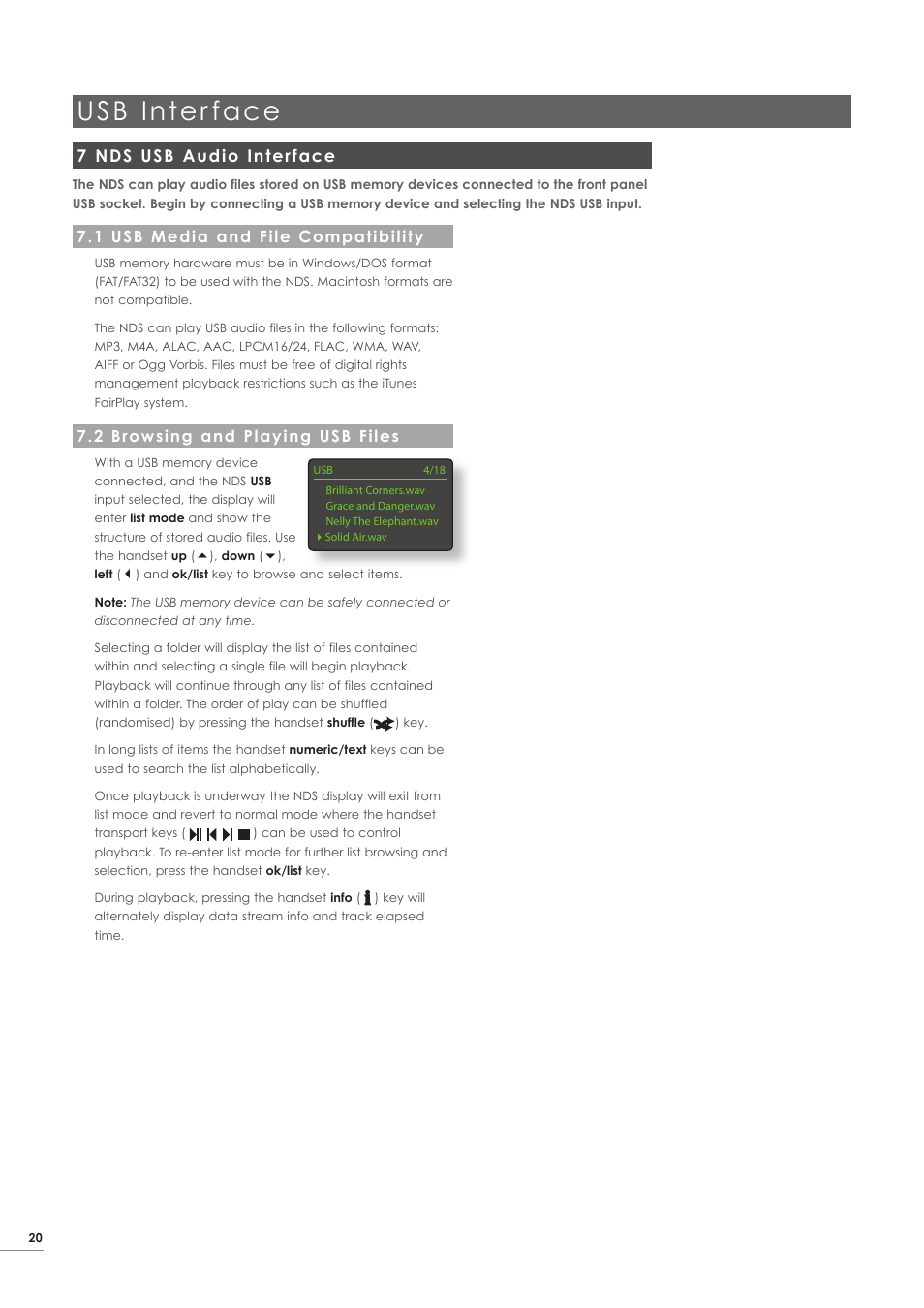 7 nds usb audio interface, 1 usb media and file compatibility, 2 browsing and playing usb files | Usb inter face | Naim Audio NDS User Manual | Page 22 / 23