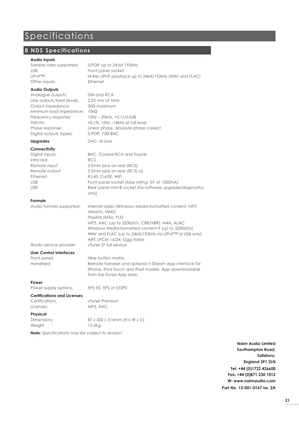 8 nds specifications, Specifications | Naim Audio NDS User Manual | Page 23 / 23