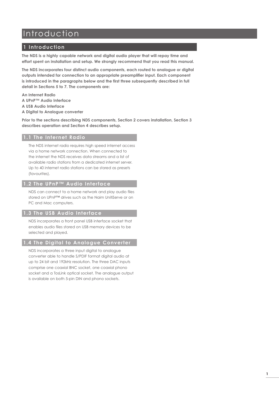 1 introduction, 1 the internet radio, 2 the upnp™ audio interface | 3 the usb audio interface, 4 the digital to analogue converter, Introduction | Naim Audio NDS User Manual | Page 3 / 23