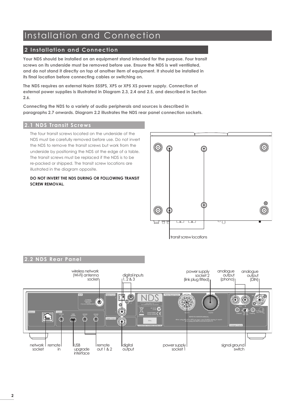 2 installation and connection, 1 nds transit screws, 2 nds rear panel | Installation and connection | Naim Audio NDS User Manual | Page 4 / 23