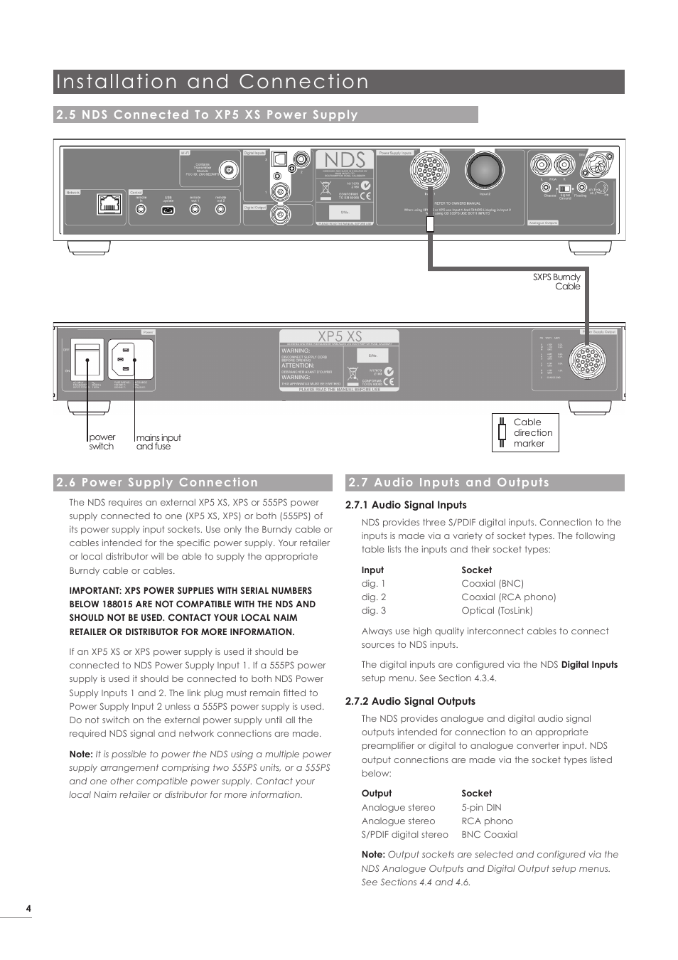 5 nds connected to xp5 xs power supply, 6 power supply connection, 7 audio inputs and outputs | Installation and connection | Naim Audio NDS User Manual | Page 6 / 23