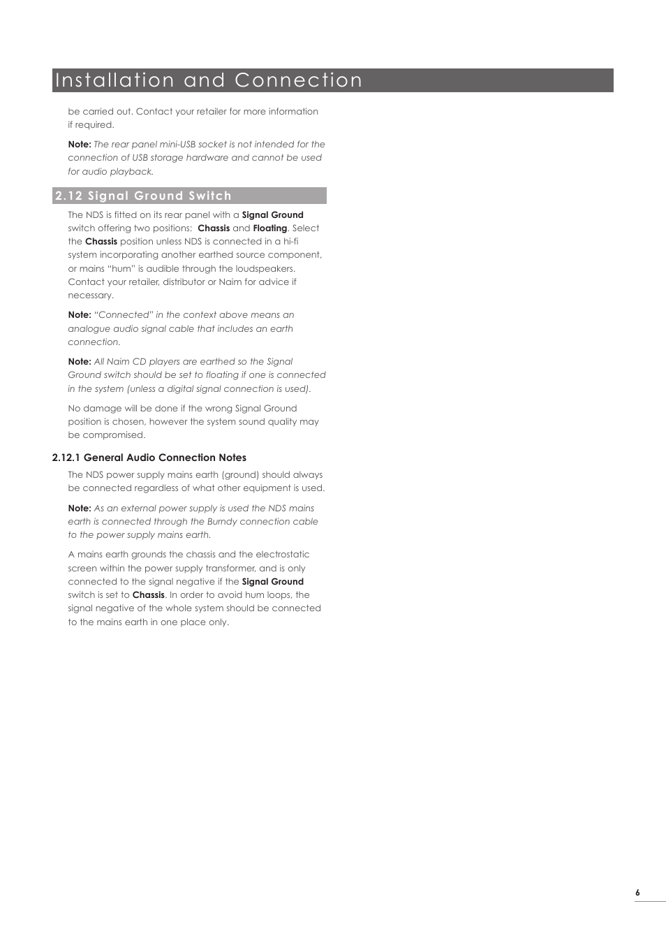 12 signal ground switch, Installation and connection | Naim Audio NDS User Manual | Page 8 / 23