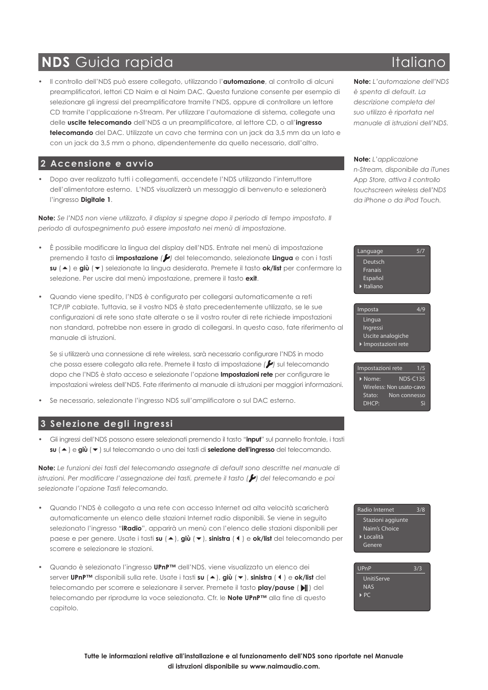 Nds guida rapida italiano, 2 accensione e avvio, 3 selezione degli ingressi | Naim Audio NDS User Manual | Page 13 / 30