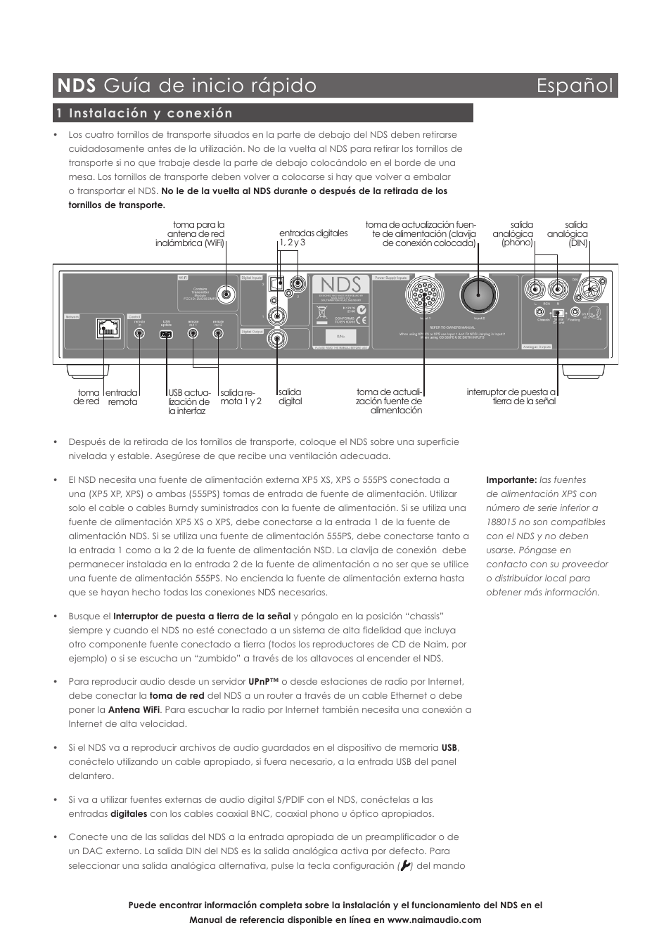 Nds guía de inicio rápido español, 1 instalación y conexión | Naim Audio NDS User Manual | Page 15 / 30