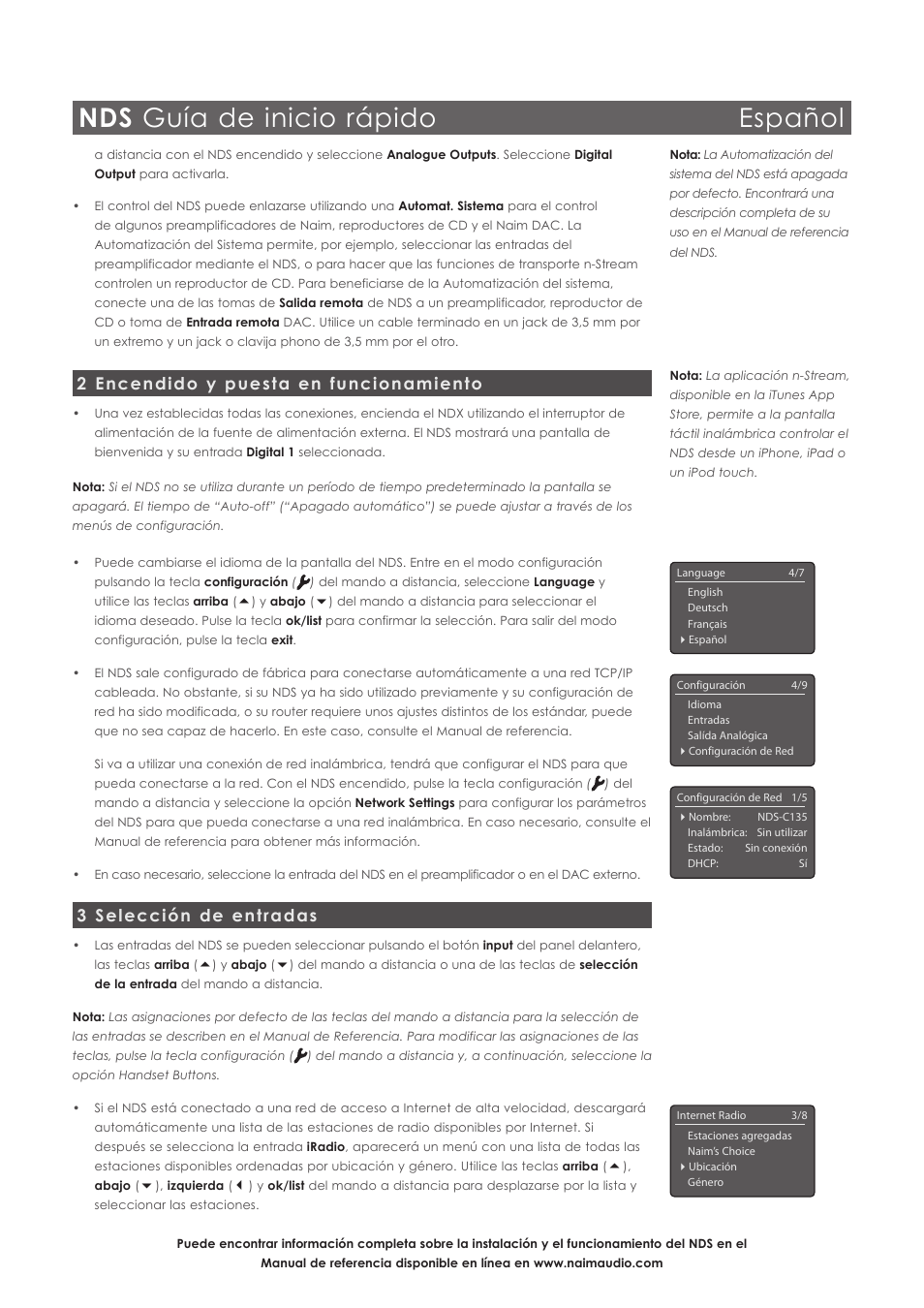 Nds guía de inicio rápido español, 2 encendido y puesta en funcionamiento, 3 selección de entradas | Naim Audio NDS User Manual | Page 16 / 30