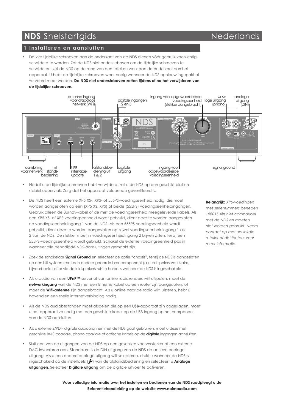 Nds snelstartgids nederlands, 1 installeren en aansluiten | Naim Audio NDS User Manual | Page 19 / 30