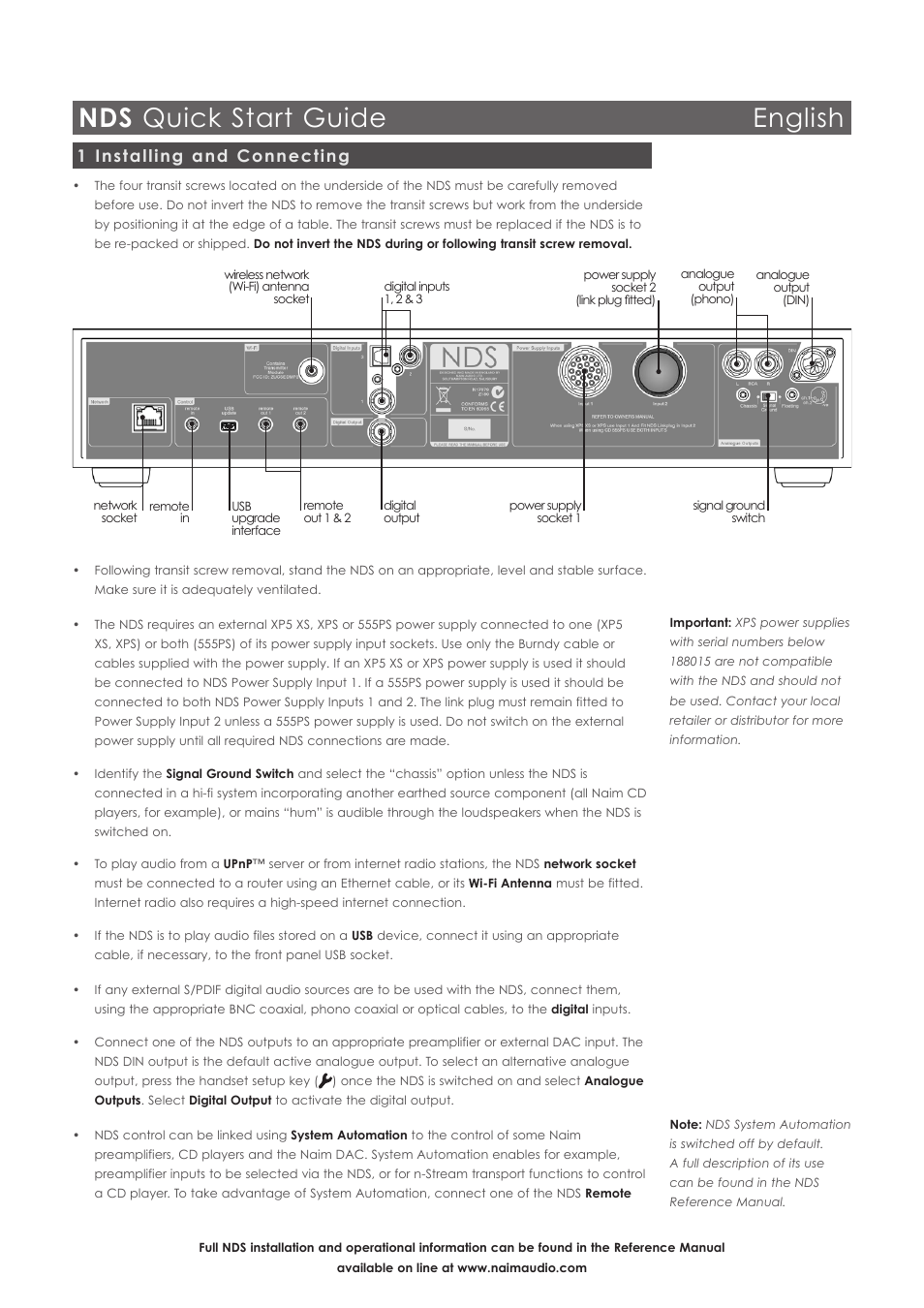 Nds quick start guide english, 1 installing and connecting | Naim Audio NDS User Manual | Page 2 / 30