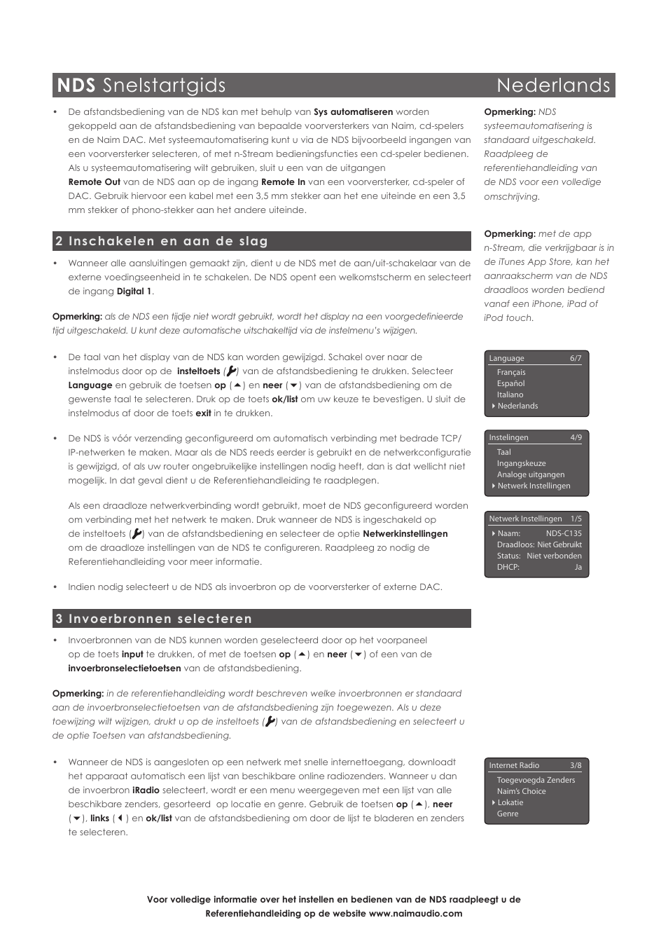 Nds snelstartgids nederlands, 2 inschakelen en aan de slag, 3 invoerbronnen selecteren | Naim Audio NDS User Manual | Page 20 / 30