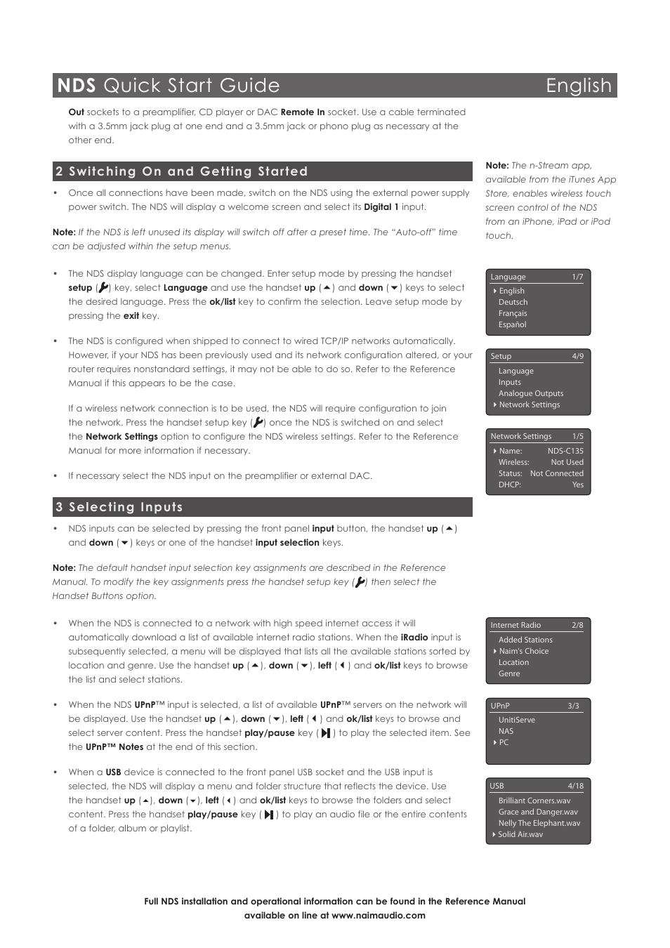 Nds quick start guide english, 2 switching on and getting started, 3 selecting inputs | Naim Audio NDS User Manual | Page 3 / 30