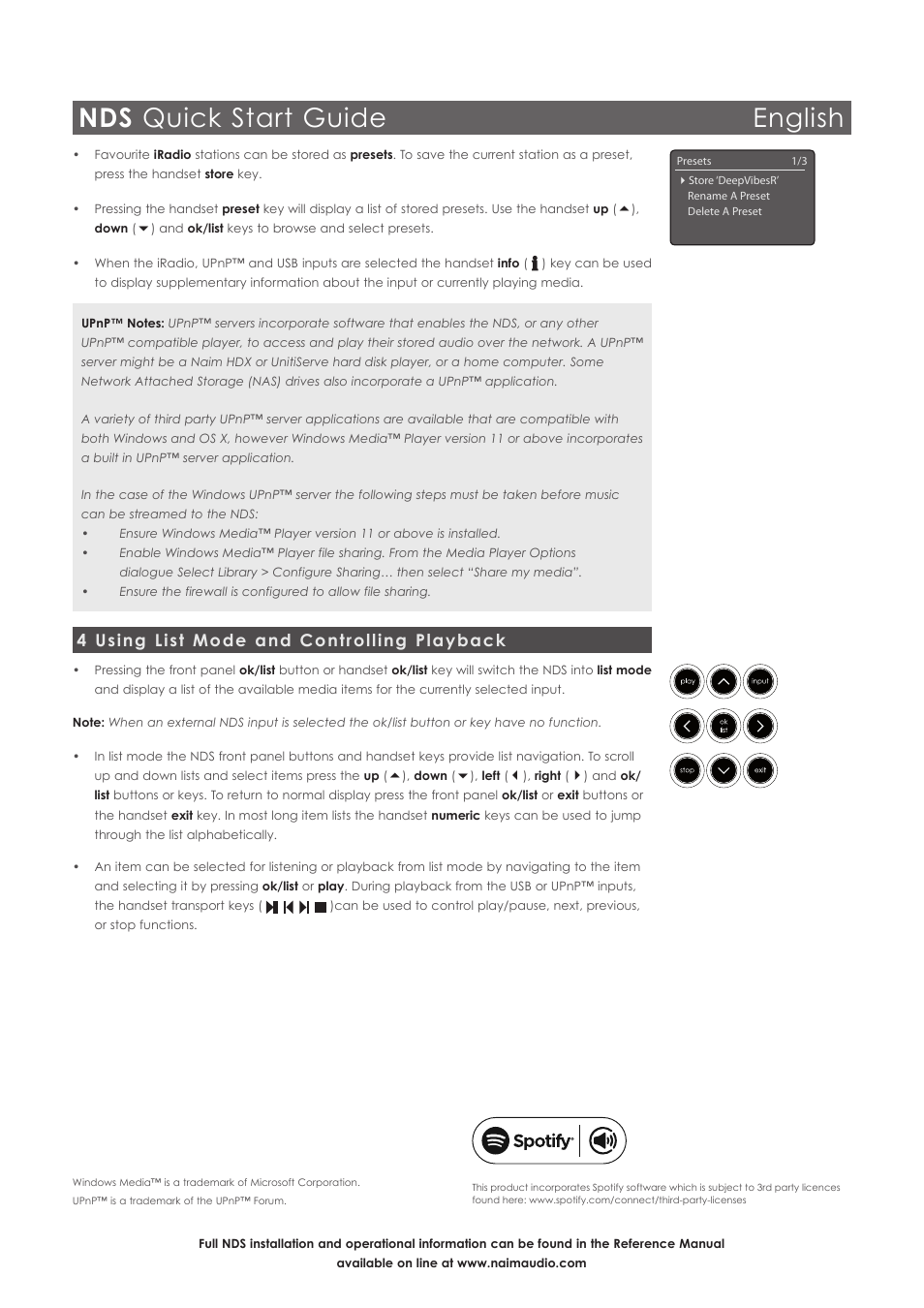 Nds quick start guide english, 4 using list mode and controlling playback | Naim Audio NDS User Manual | Page 4 / 30