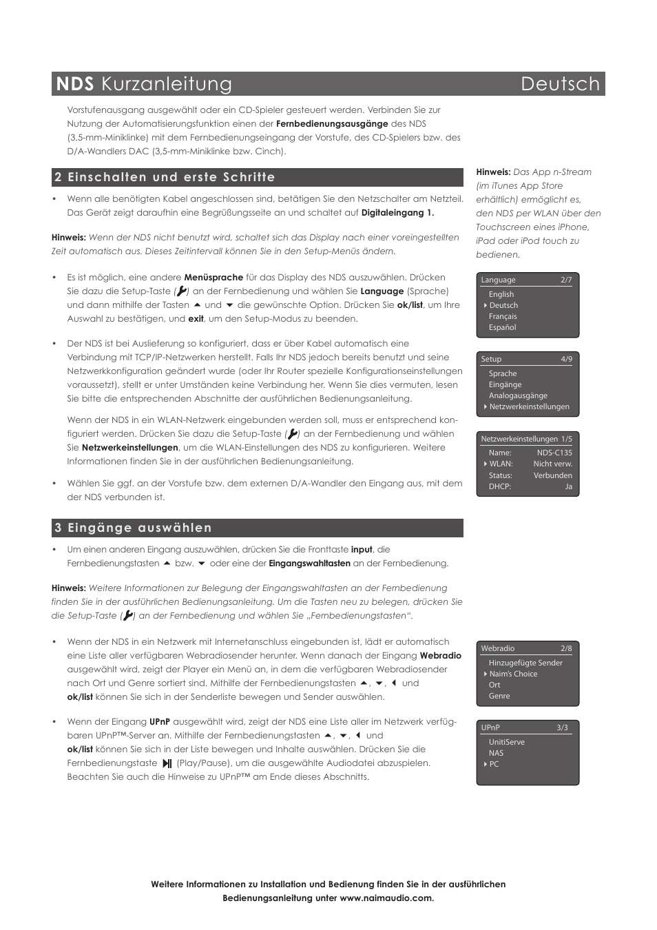 Nds kurzanleitung deutsch, 2 einschalten und erste schritte, 3 eingänge auswählen | Naim Audio NDS User Manual | Page 6 / 30