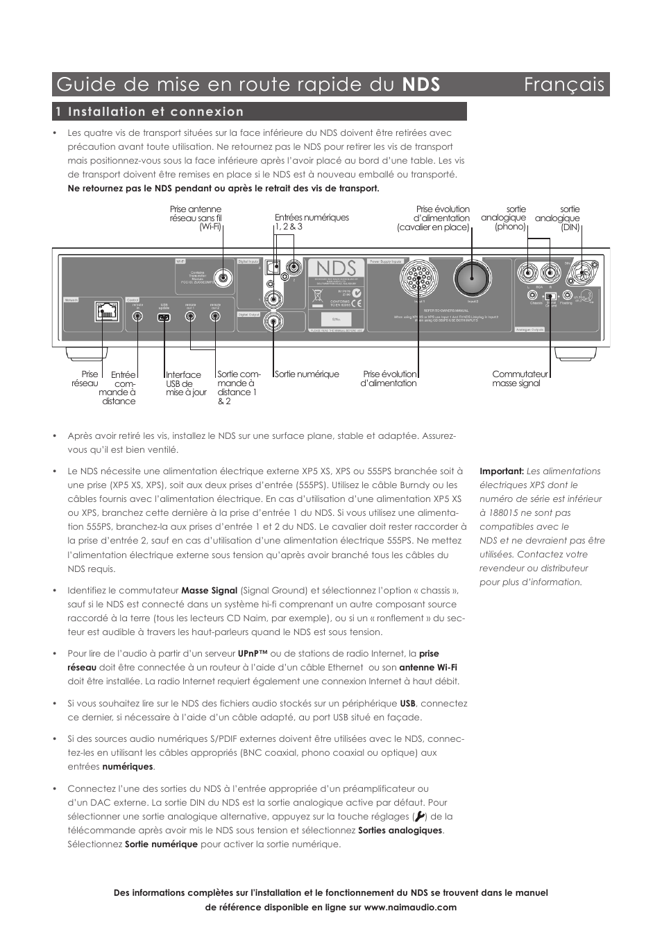 Guide de mise en route rapide du nds français, 1 installation et connexion | Naim Audio NDS User Manual | Page 8 / 30