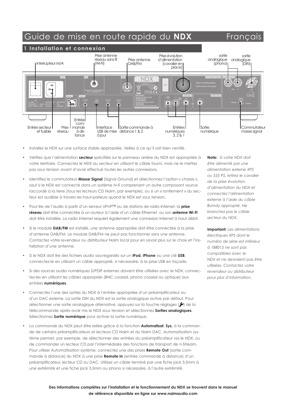 Guide de mise en route rapide du ndx français, 1 installation et connexion | Naim Audio NDX User Manual | Page 10 / 44