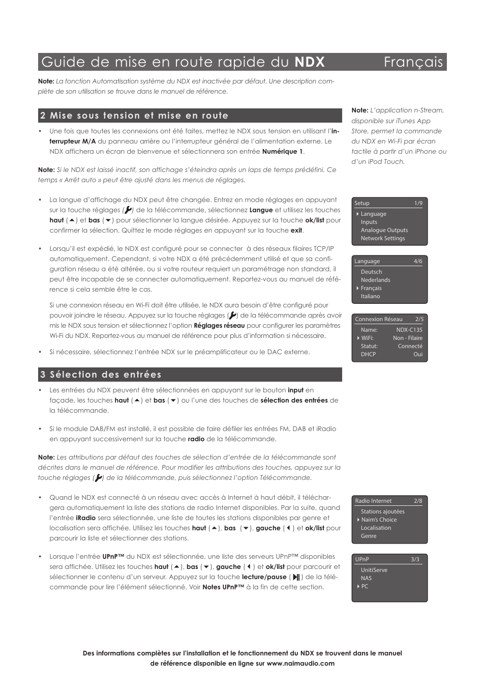Guide de mise en route rapide du ndx français, 2 mise sous tension et mise en route, 3 sélection des entrées | Naim Audio NDX User Manual | Page 11 / 44