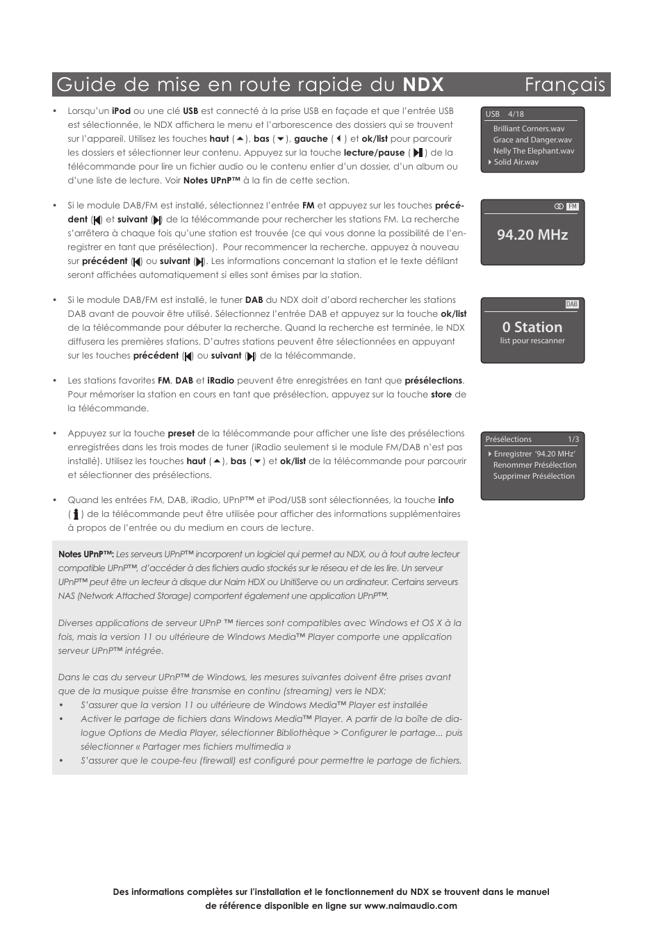 Guide de mise en route rapide du ndx français, 0 station, 20 mhz | Naim Audio NDX User Manual | Page 12 / 44