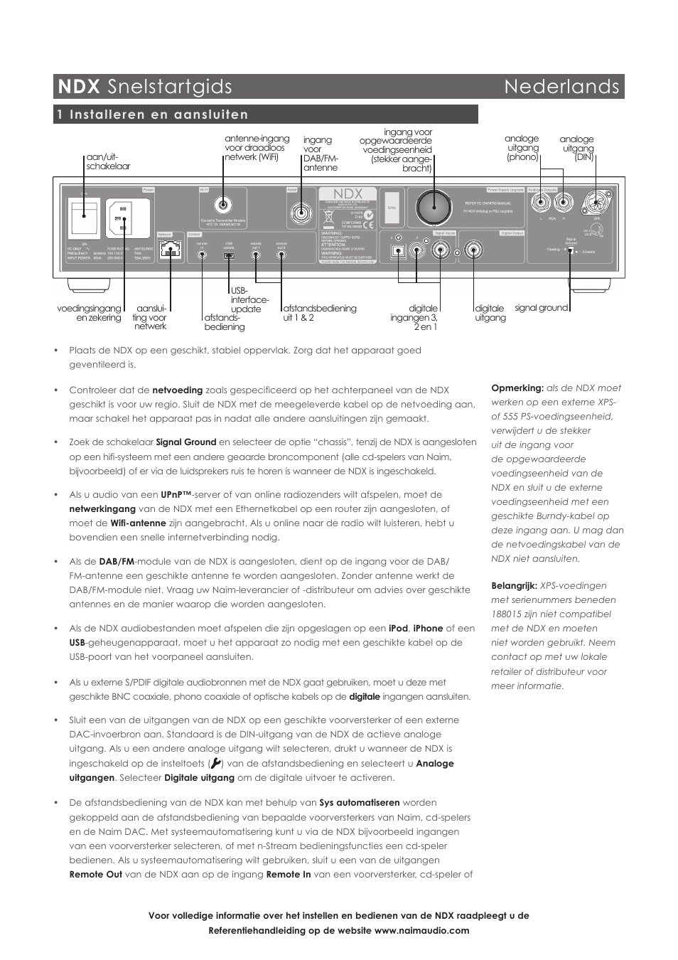 Ndx snelstartgids nederlands, 1 installeren en aansluiten | Naim Audio NDX User Manual | Page 14 / 44