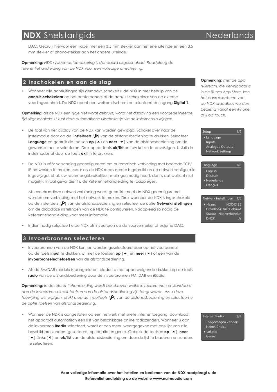 Ndx snelstartgids nederlands, 2 inschakelen en aan de slag, 3 invoerbronnen selecteren | Naim Audio NDX User Manual | Page 15 / 44