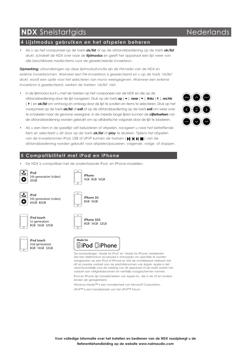 Ndx snelstartgids nederlands, 4 lijstmodus gebruiken en het afspelen beheren, 5 compatibiliteit met ipod en iphone | Naim Audio NDX User Manual | Page 17 / 44