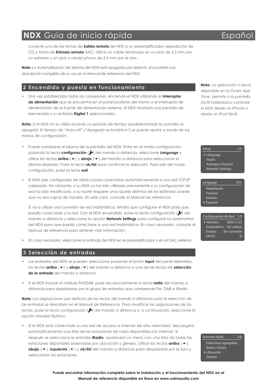 Ndx guía de inicio rápido español, 2 encendido y puesta en funcionamiento, 3 selección de entradas | Naim Audio NDX User Manual | Page 19 / 44