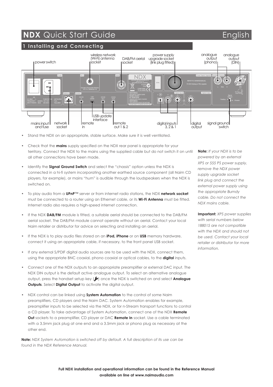 Ndx quick start guide english, 1 installing and connecting | Naim Audio NDX User Manual | Page 2 / 44