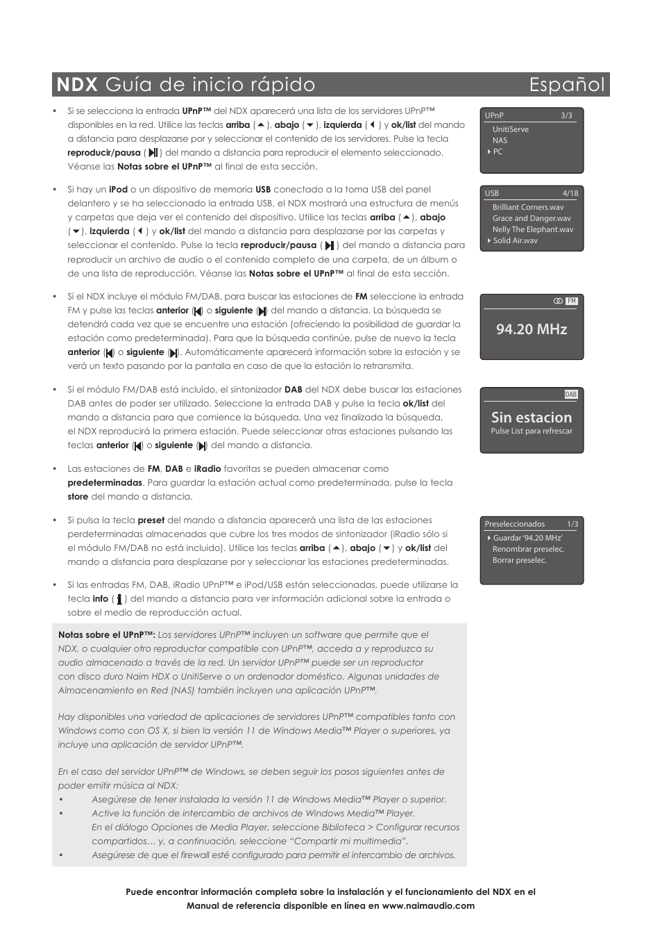 Ndx guía de inicio rápido español, Sin estacion, 20 mhz | Naim Audio NDX User Manual | Page 20 / 44
