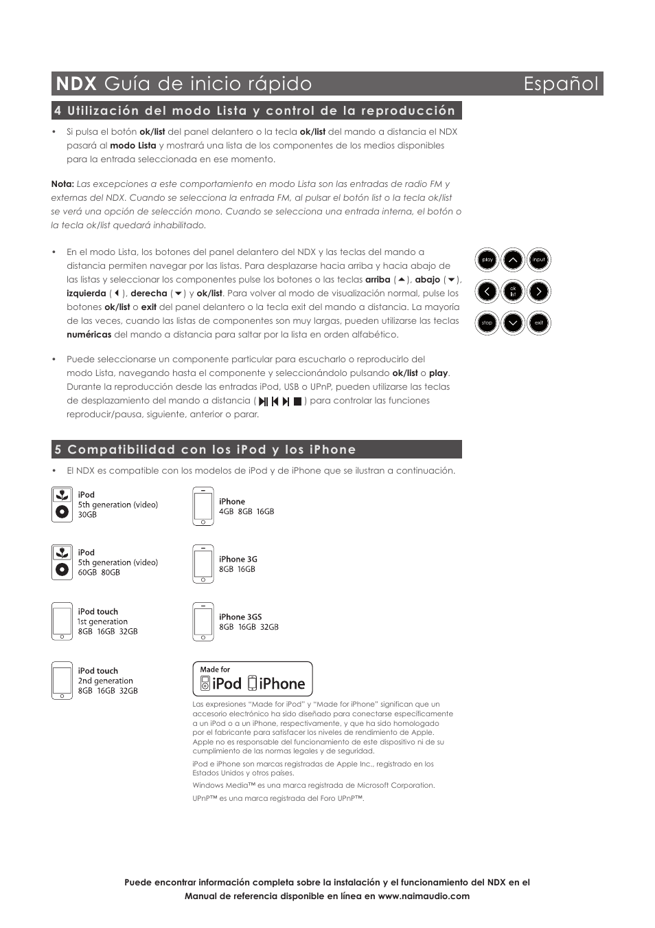 Ndx guía de inicio rápido español, 5 compatibilidad con los ipod y los iphone | Naim Audio NDX User Manual | Page 21 / 44