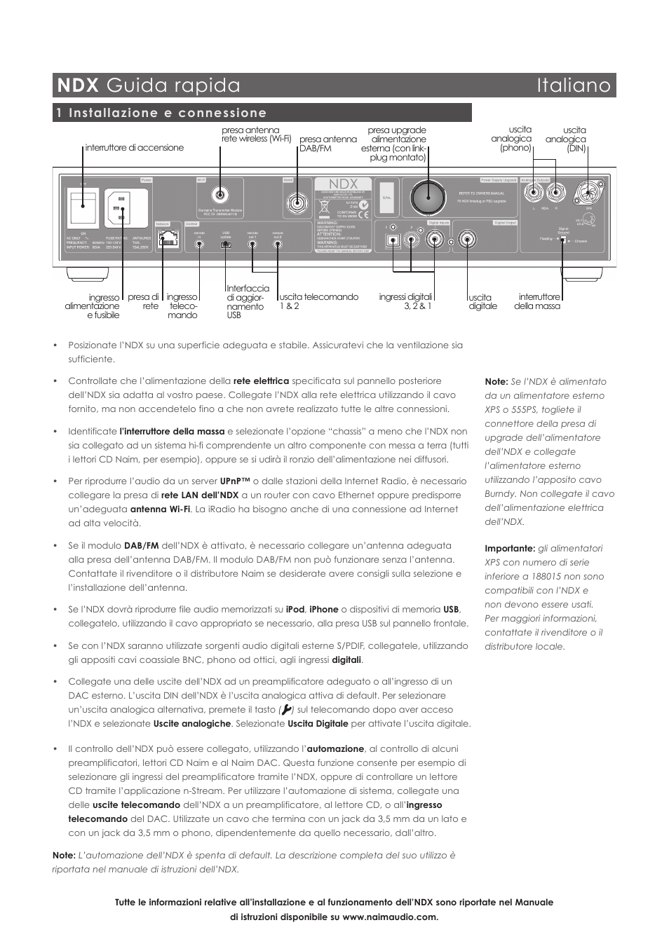 Ndx guida rapida italiano, 1 installazione e connessione | Naim Audio NDX User Manual | Page 22 / 44