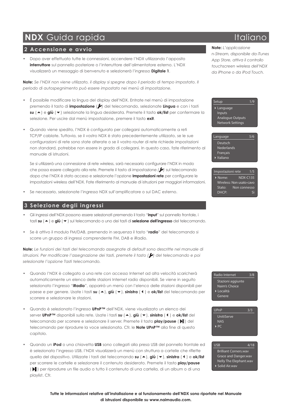 Ndx guida rapida italiano, 2 accensione e avvio, 3 selezione degli ingressi | Naim Audio NDX User Manual | Page 23 / 44