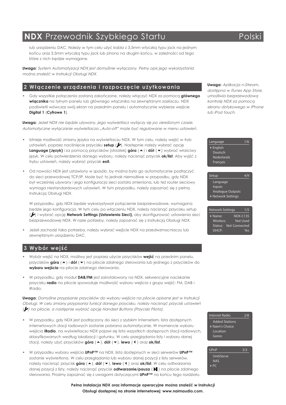 Ndx przewodnik szybkiego startu polski, 2 włączenie urządzenia i rozpoczęcie użytkowania, 3 wybór wejść | Naim Audio NDX User Manual | Page 27 / 44