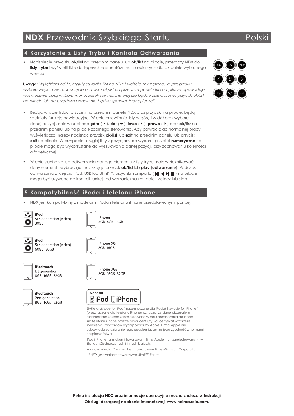 Ndx przewodnik szybkiego startu polski, 5 kompatybilność ipoda i telefonu iphone, 4 korzystanie z listy trybu i kontrola odtwarzania | Naim Audio NDX User Manual | Page 29 / 44