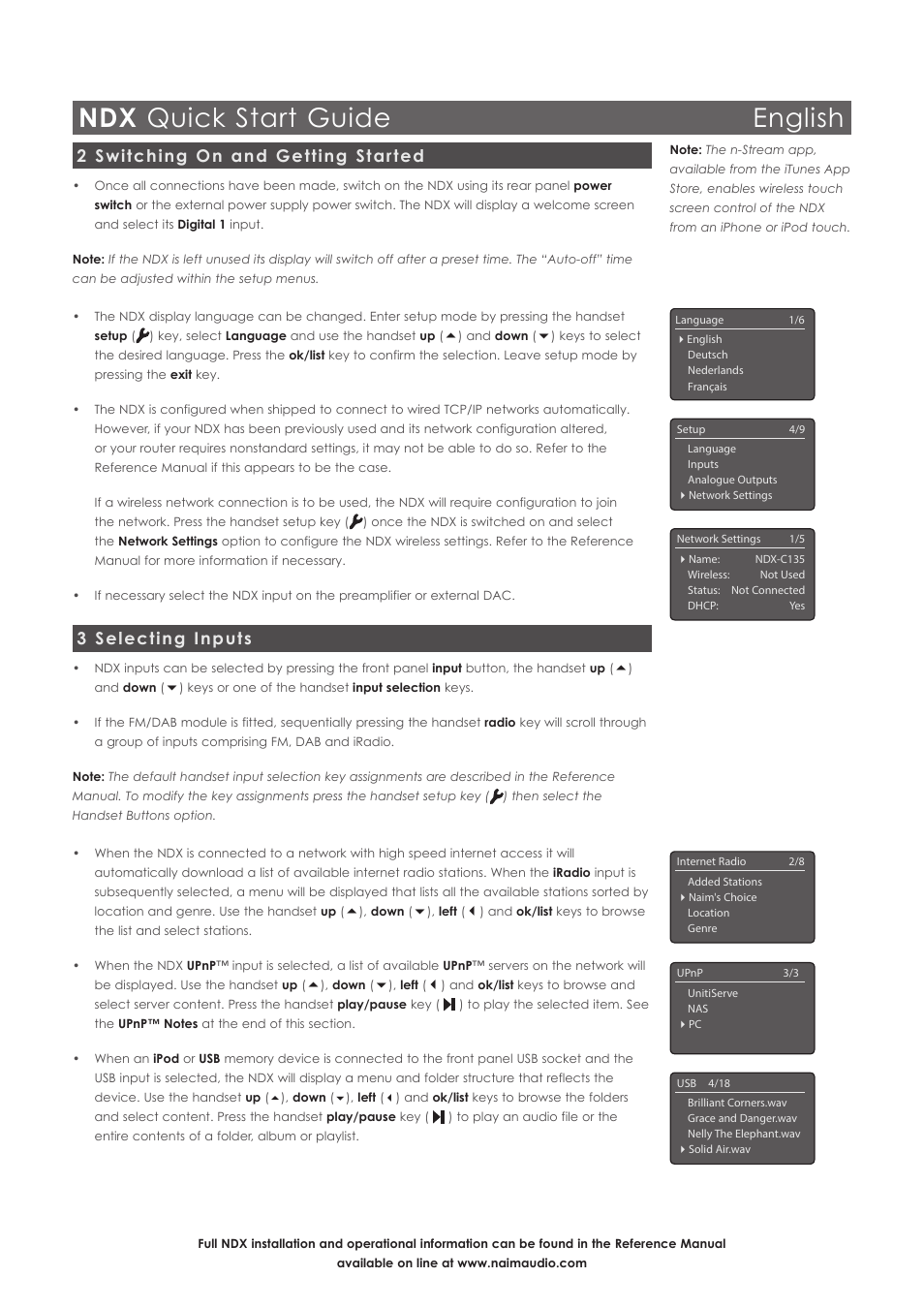 Ndx quick start guide english, 2 switching on and getting started, 3 selecting inputs | Naim Audio NDX User Manual | Page 3 / 44