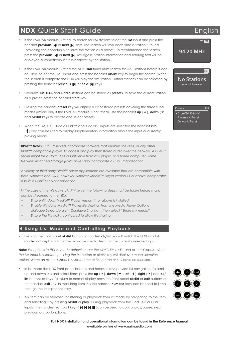 Ndx quick start guide english, No stations, 20 mhz | 4 using list mode and controlling playback | Naim Audio NDX User Manual | Page 4 / 44