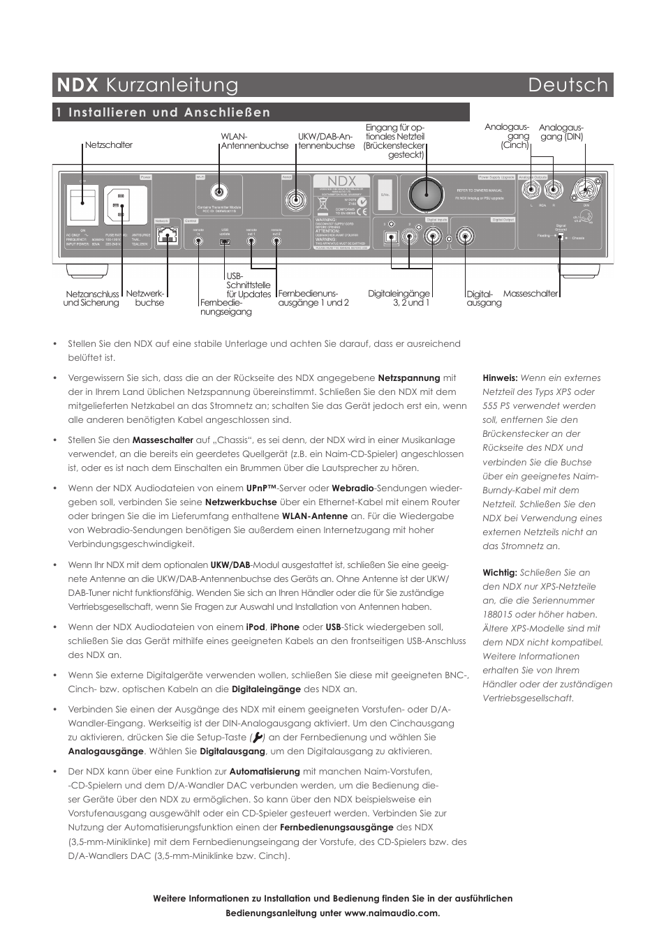 Ndx kurzanleitung deutsch, 1 installieren und anschließen | Naim Audio NDX User Manual | Page 6 / 44