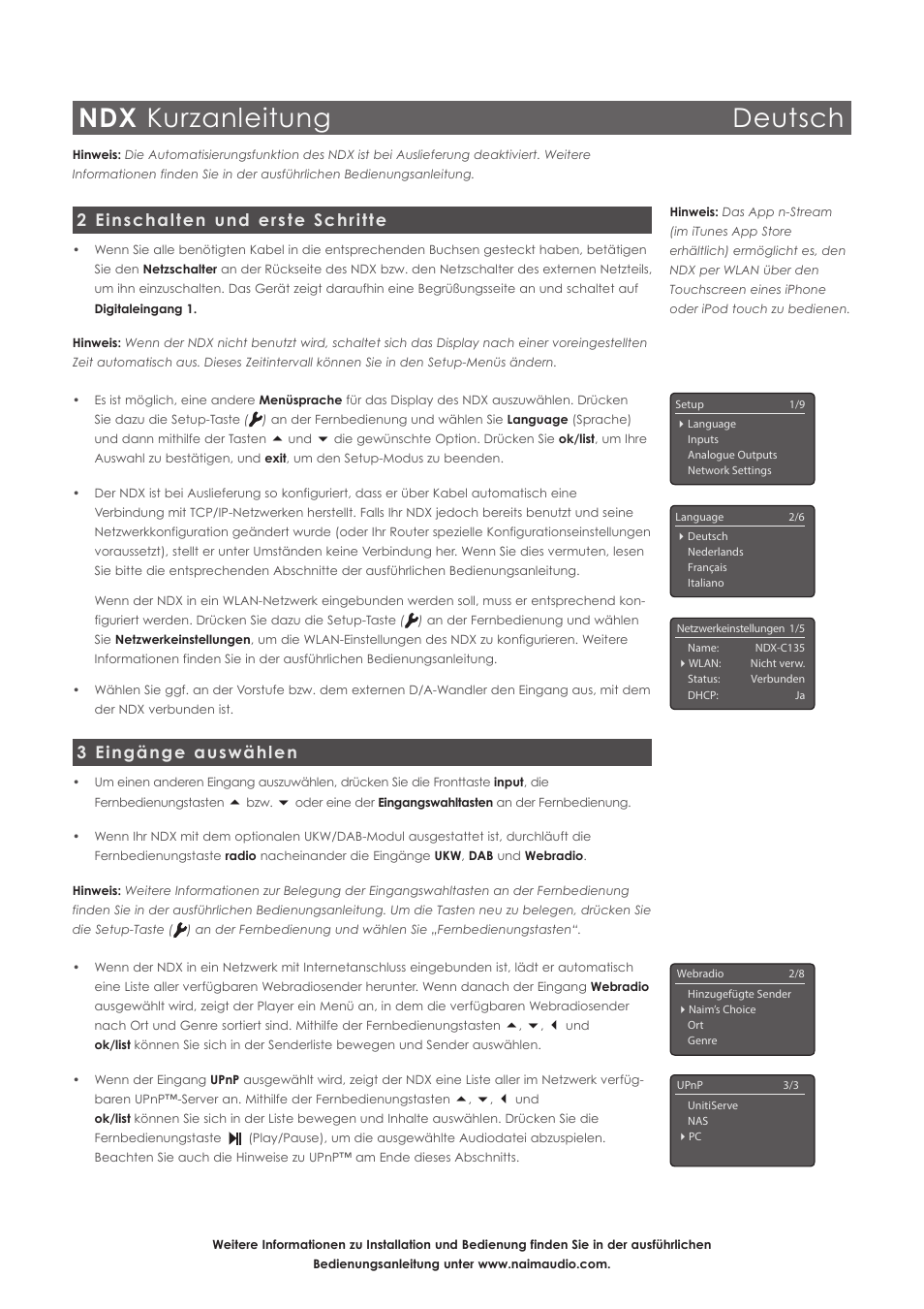 Ndx kurzanleitung deutsch, 2 einschalten und erste schritte, 3 eingänge auswählen | Naim Audio NDX User Manual | Page 7 / 44