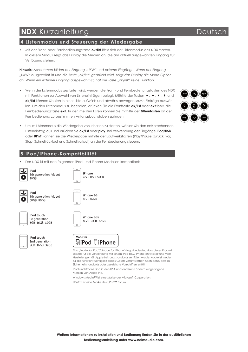 Ndx kurzanleitung deutsch, 4 listenmodus und steuerung der wiedergabe, 5 ipod/iphone-kompatibilität | Naim Audio NDX User Manual | Page 9 / 44