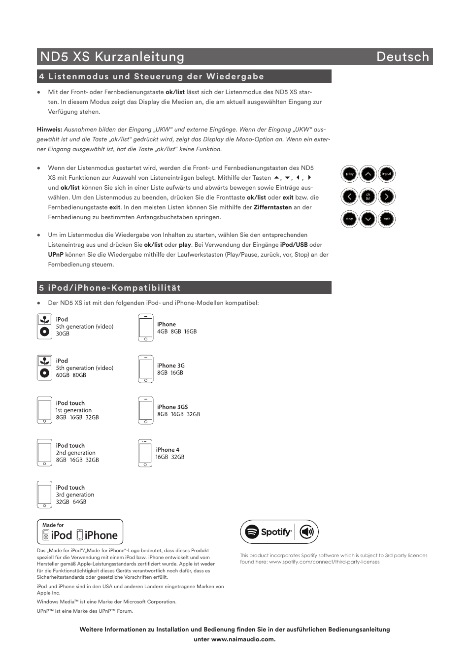 Nd5 xs kurzanleitung deutsch, 4 listenmodus und steuerung der wiedergabe, 5 ipod/iphone-kompatibilität | Naim Audio ND5 XS User Manual | Page 10 / 44