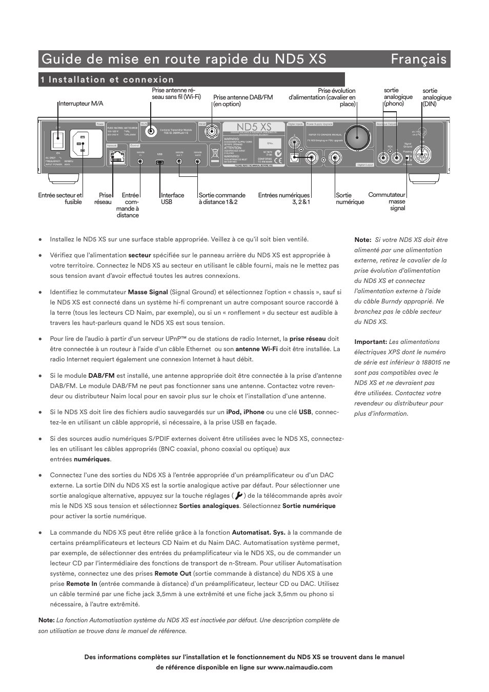 Guide de mise en route rapide du nd5 xs français, 1 installation et connexion | Naim Audio ND5 XS User Manual | Page 11 / 44