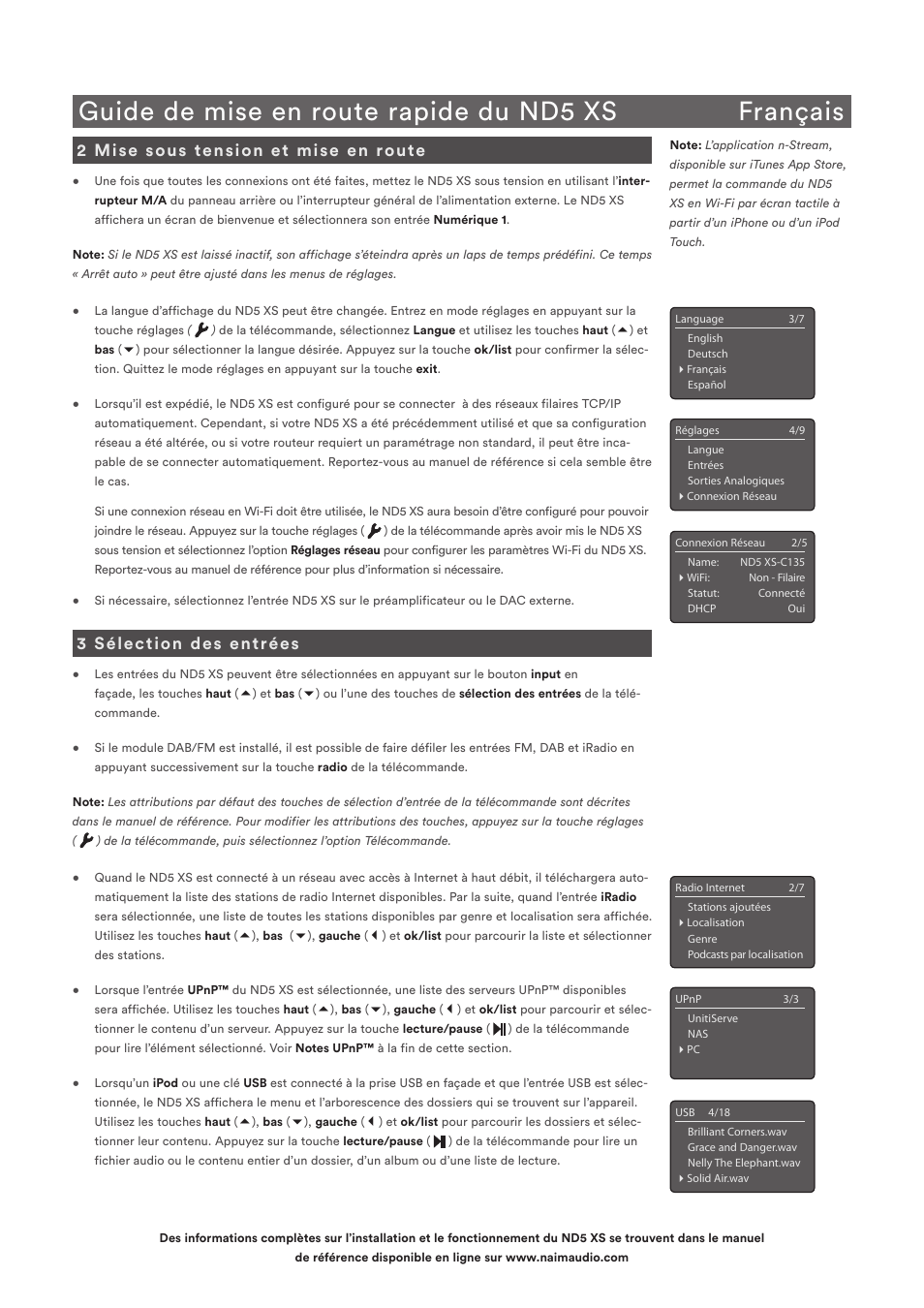 Guide de mise en route rapide du nd5 xs français, 2 mise sous tension et mise en route, 3 sélection des entrées | Naim Audio ND5 XS User Manual | Page 12 / 44