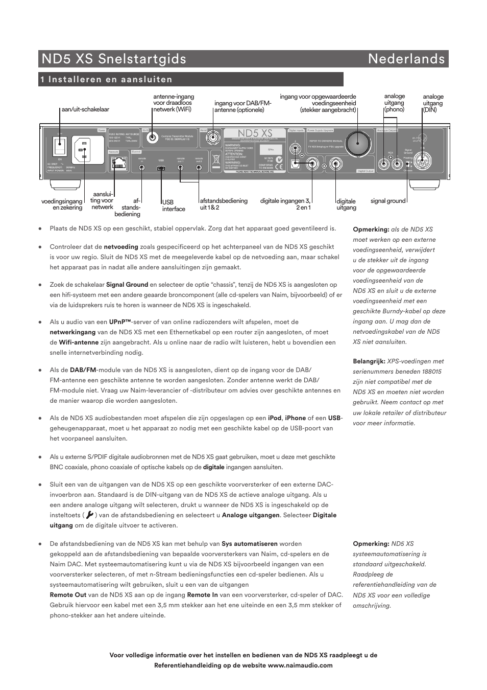 Nd5 xs snelstartgids nederlands, 1 installeren en aansluiten | Naim Audio ND5 XS User Manual | Page 15 / 44