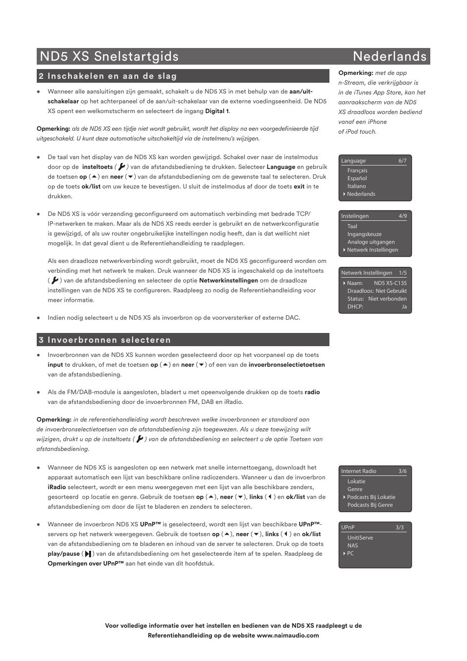 Nd5 xs snelstartgids nederlands, 2 inschakelen en aan de slag, 3 invoerbronnen selecteren | Naim Audio ND5 XS User Manual | Page 16 / 44