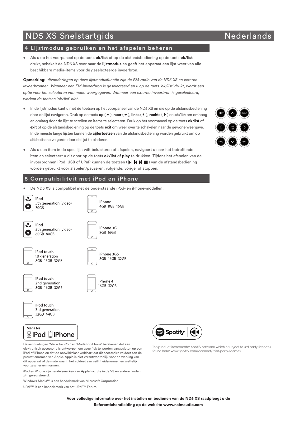 Nd5 xs snelstartgids nederlands, 4 lijstmodus gebruiken en het afspelen beheren, 5 compatibiliteit met ipod en iphone | Naim Audio ND5 XS User Manual | Page 18 / 44