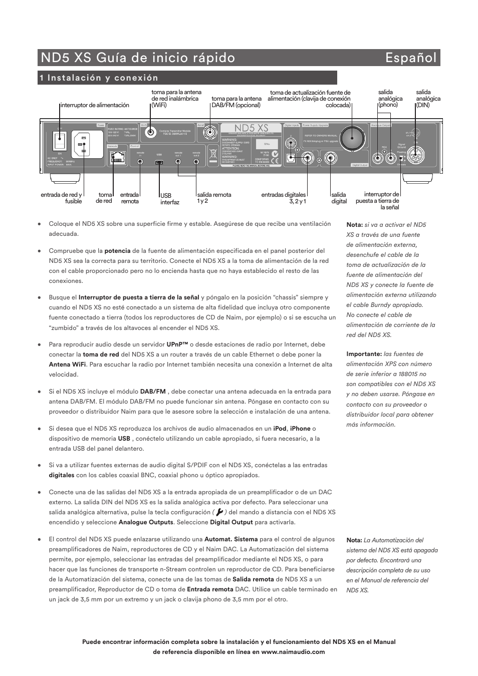 Nd5 xs guía de inicio rápido español, 1 instalación y conexión | Naim Audio ND5 XS User Manual | Page 19 / 44