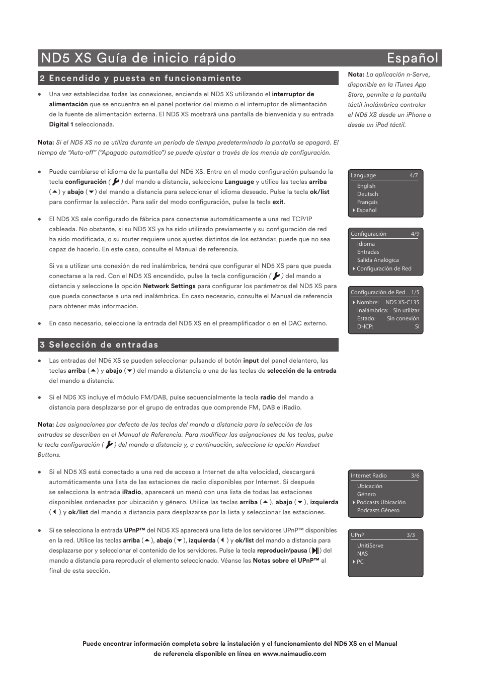 Nd5 xs guía de inicio rápido español, 2 encendido y puesta en funcionamiento, 3 selección de entradas | Naim Audio ND5 XS User Manual | Page 20 / 44
