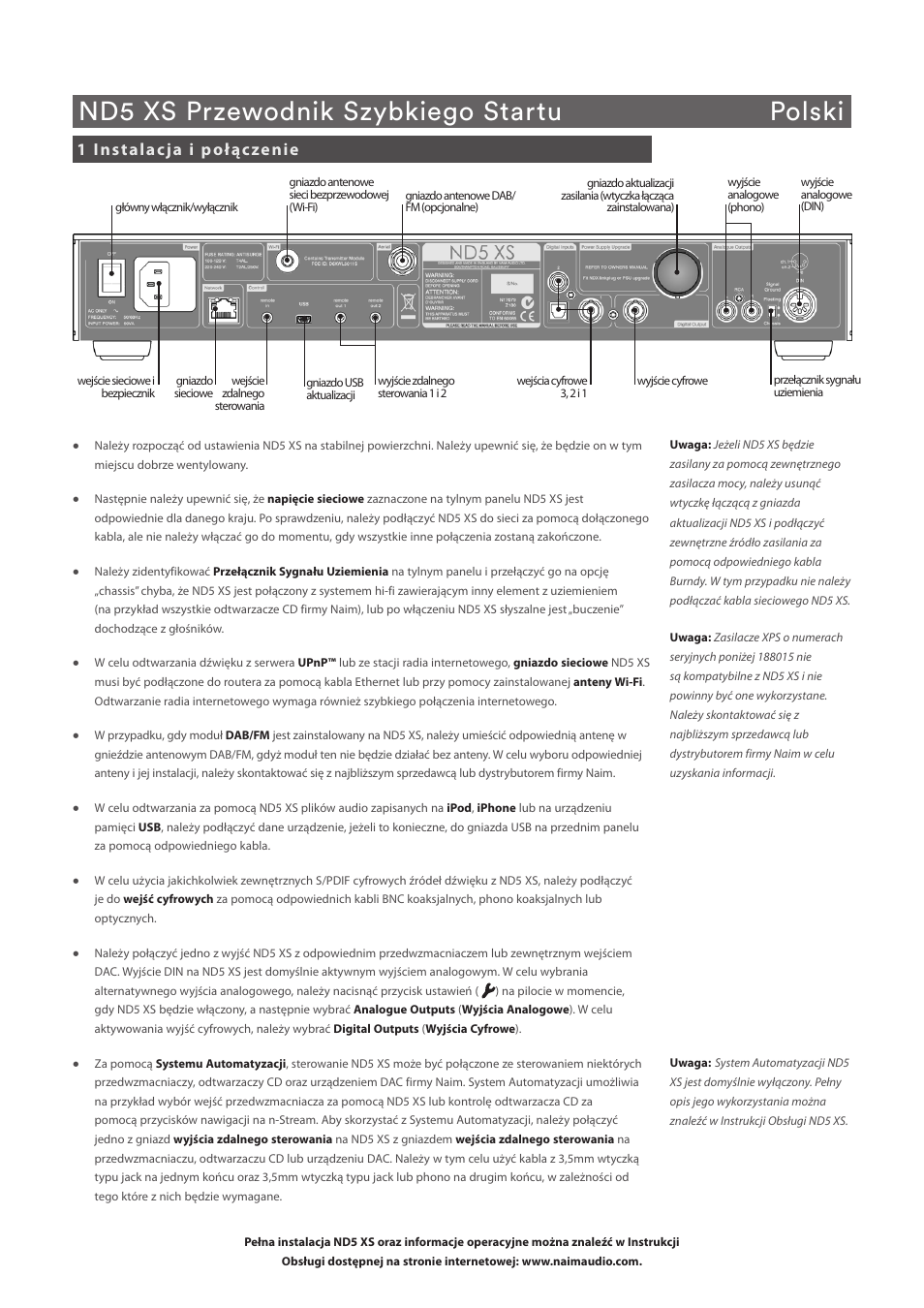 Nd5 xs przewodnik szybkiego startu polski, 1 instalacja i połączenie | Naim Audio ND5 XS User Manual | Page 27 / 44