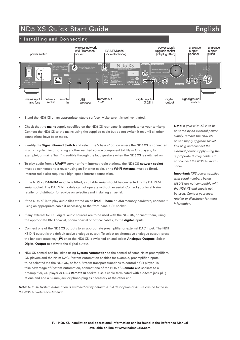 Nd5 xs quick start guide english, 1 installing and connecting | Naim Audio ND5 XS User Manual | Page 3 / 44