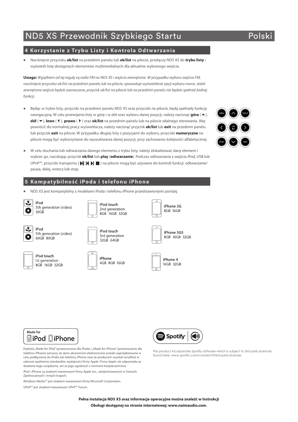 Nd5 xs przewodnik szybkiego startu polski, 5 kompatybilność ipoda i telefonu iphone, 4 korzystanie z trybu listy i kontrola odtwarzania | Naim Audio ND5 XS User Manual | Page 30 / 44