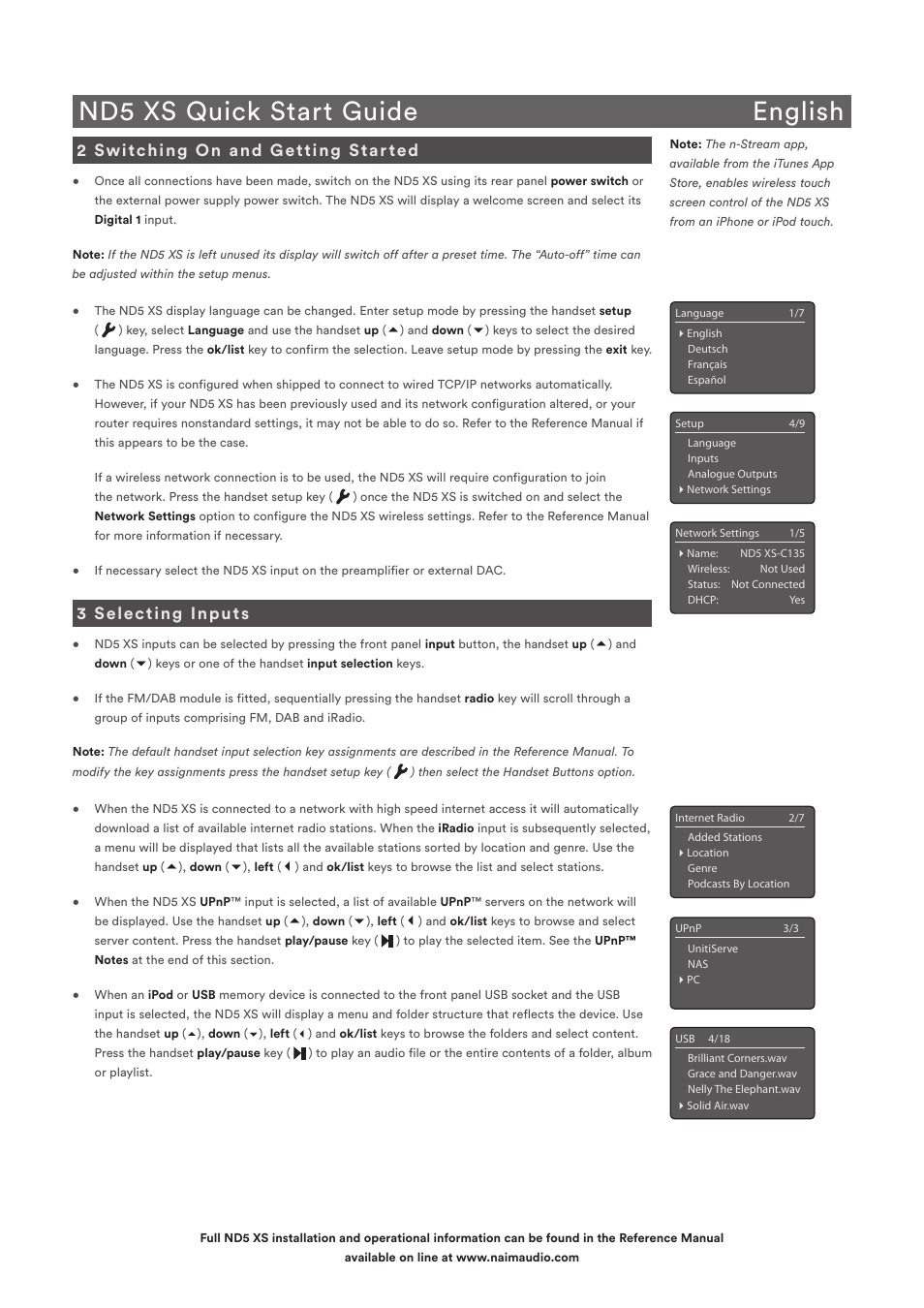 Nd5 xs quick start guide english, 2 switching on and getting started, 3 selecting inputs | Naim Audio ND5 XS User Manual | Page 4 / 44